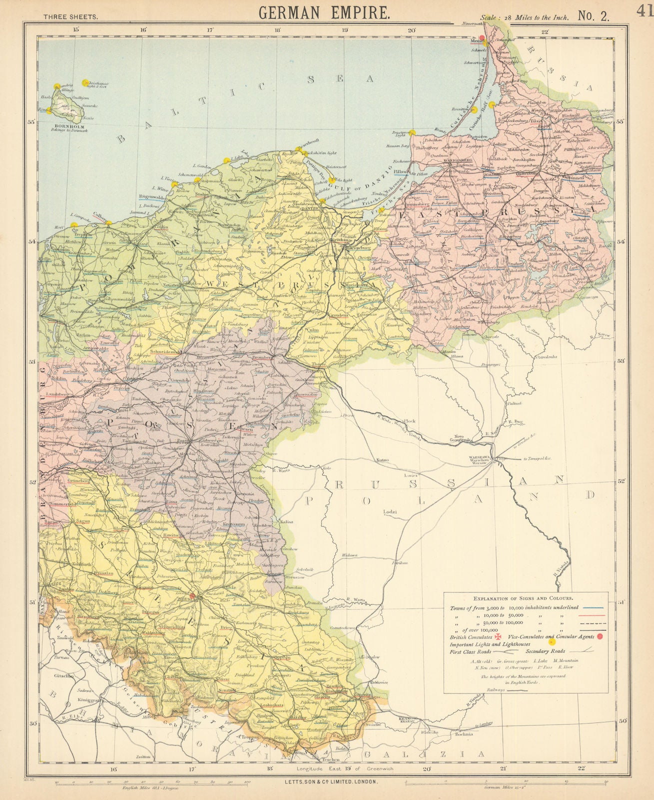 EAST GERMAN EMPIRE. Prussia Poland Posen Silesia Pomerania. LETTS 1892 old map